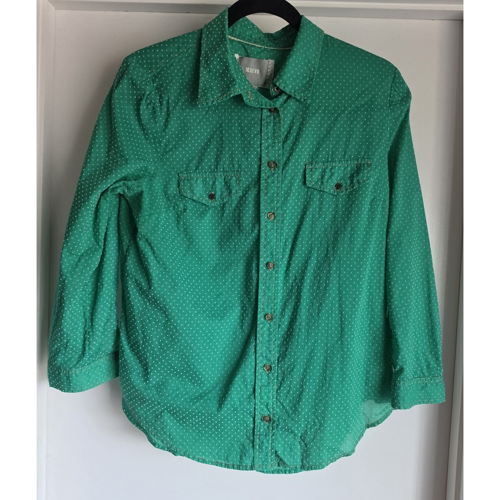 Maeve Button-Up Shirt Size 8 Green Polka Dot Cotton Collared Long Sleeve Top